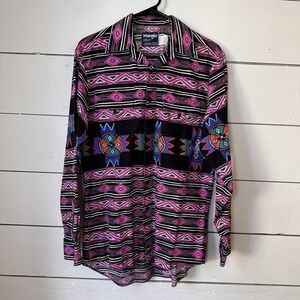 Vtg 90s Wrangler Cowboy Cut Shirt 15.5-34 Purple Aztec Geometric Western USA M
